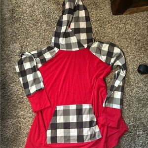 LuLaRoe Red and Gray Plaid Hooded Top